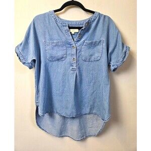 LOFT Women's Blue Solid Chambray Short Sleeve Button Front Round Neck Blouse XS